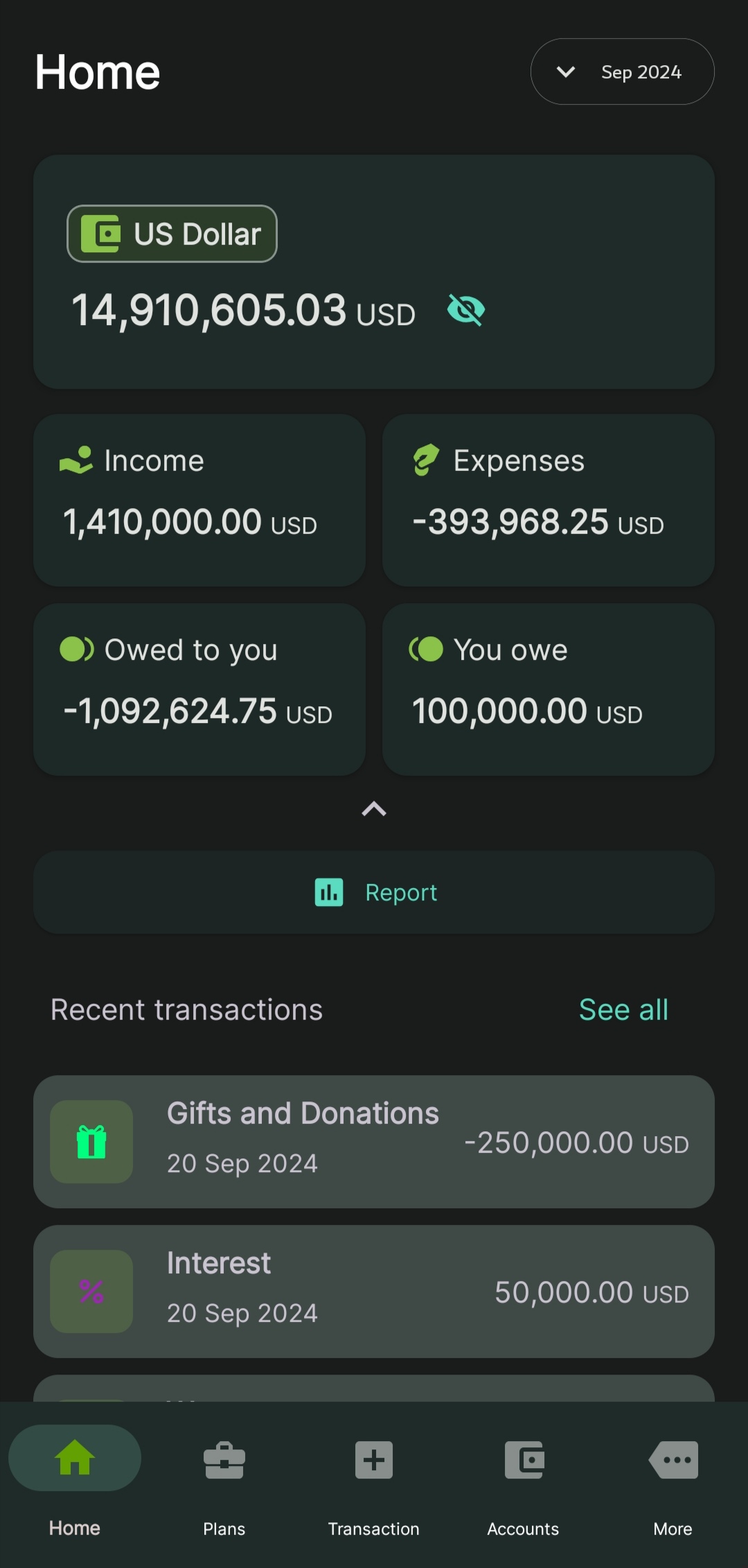 MyTabs home screen showing account balances, expenses, and budgets